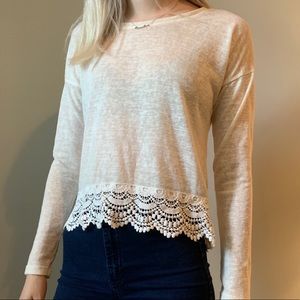 White long sleeve, lace trim hem sweater